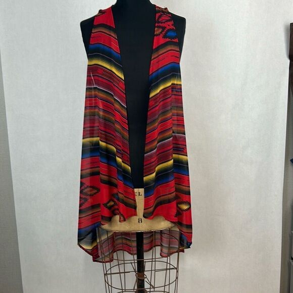 Turquoise Haven Southwest Long Vest Sz Small Red Racerback Sleeveless Kimono - Picture 1 of 10